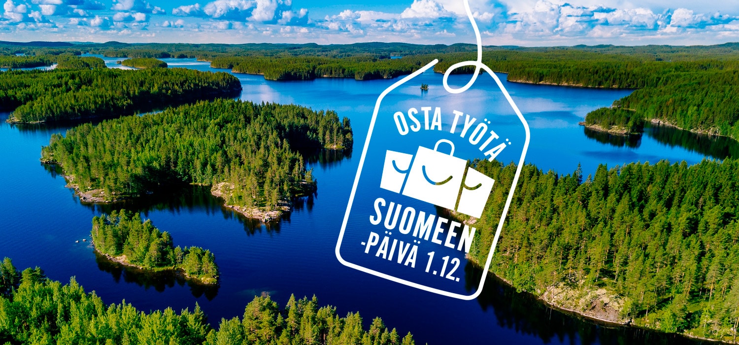 Suomalainen järvimaisema, jossa on useita vihreitä saaria. Kuvan päällä on Osta työtä Suomeen -päivän logo.